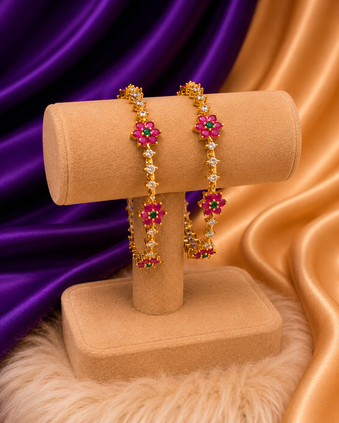 Gold Floral CZ Anklet Set with Ruby & Emerald Stones (Set of 2)