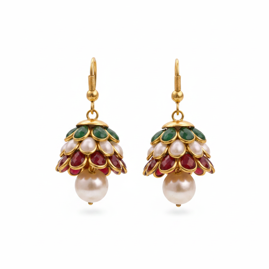 Gold tiered petal jhumka earrings with emerald pearl ruby and baroque pearl drop on pure white background