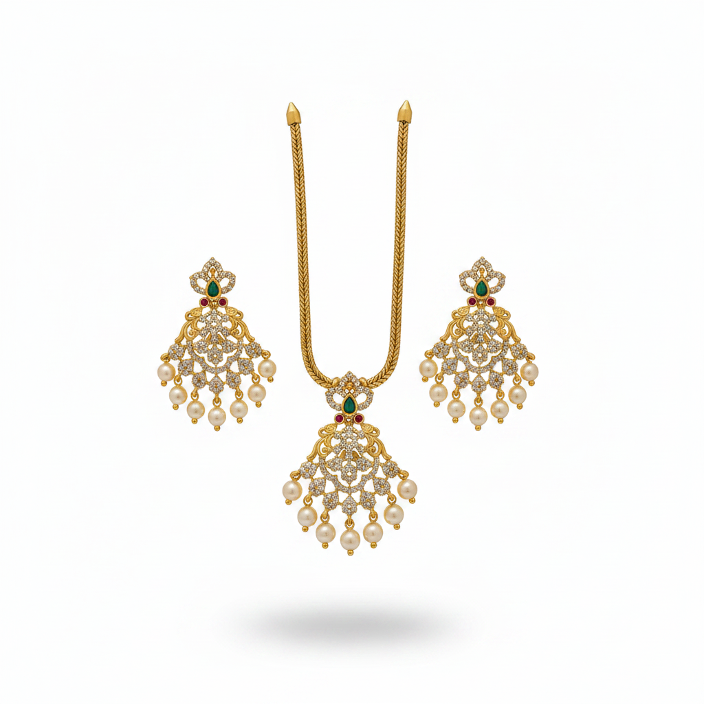 Gold fan pendant CZ pearl necklace and earring set on white background