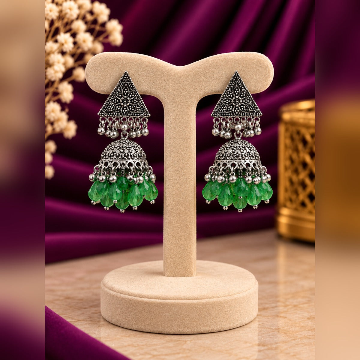 Oxidized Silver Green Drop Jhumka Earrings