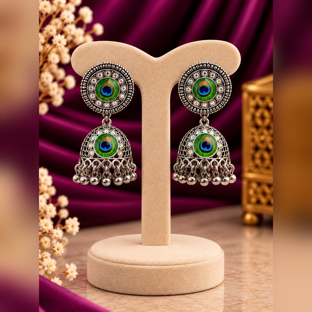 Oxidized Silver Peacock Disc Jhumka Earrings