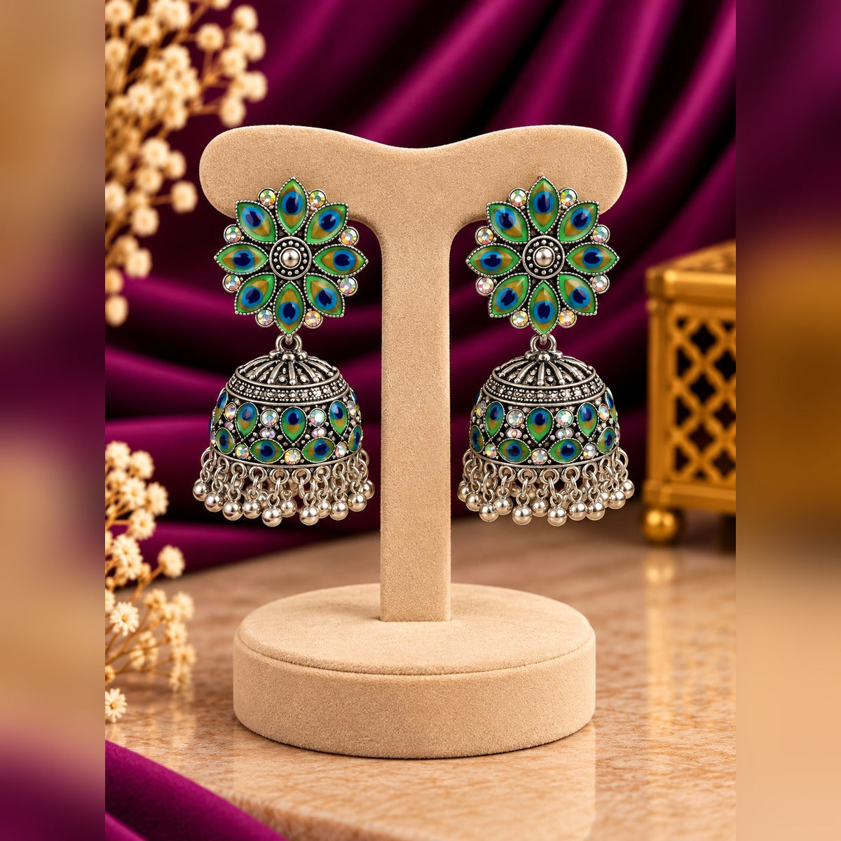 Oxidized Silver Peacock-Eye Jhumka Earrings