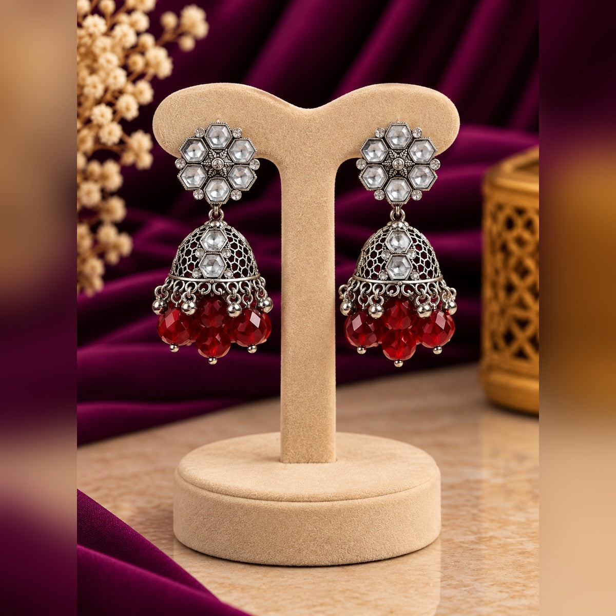 Oxidized Silver Ruby Bead Jhumka Earrings