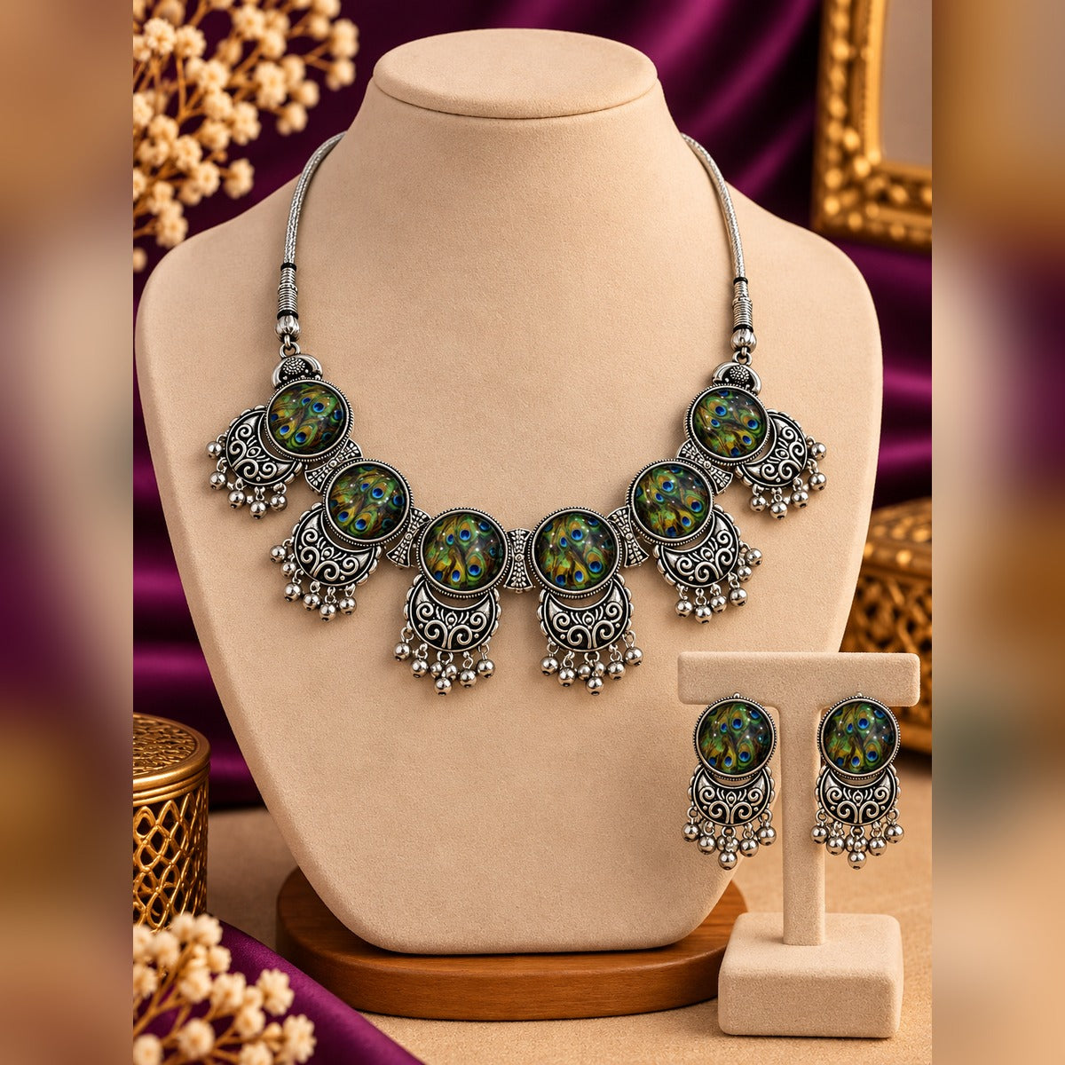 Oxidized silver choker with peacock feather panels, filigree crescents and bead drops, plus matching earrings, on a display bust