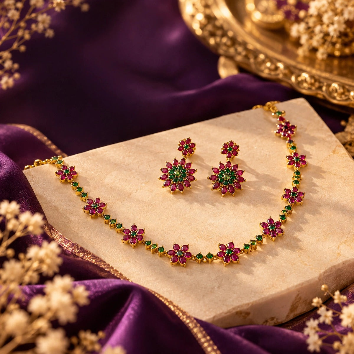 Gold necklace and earring set with ruby floral motifs and emerald accents