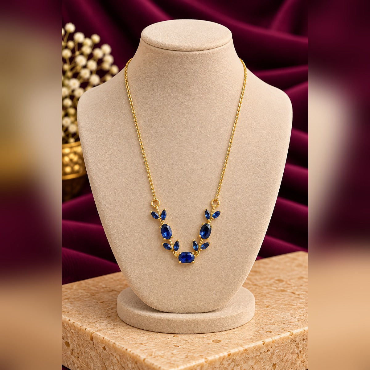 Blue Sapphire Leaf Pendant Necklace
