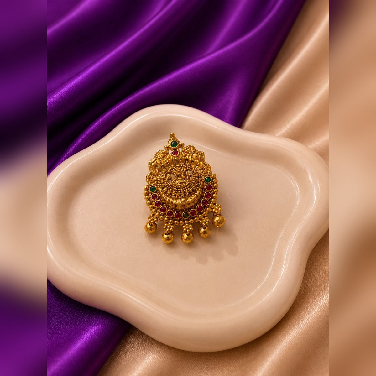 Antique gold temple pendant with ruby and emerald stones and gold bead drops