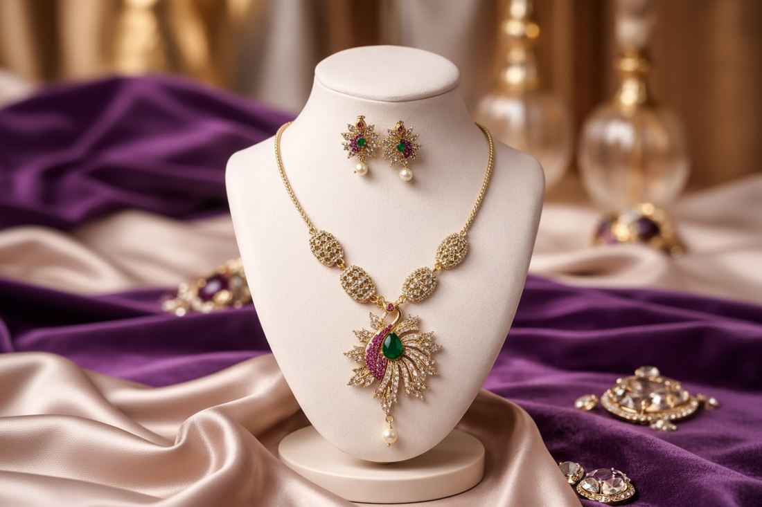 Introducing the Peacock Emerald Gold Necklace Set — Elegance Redefined