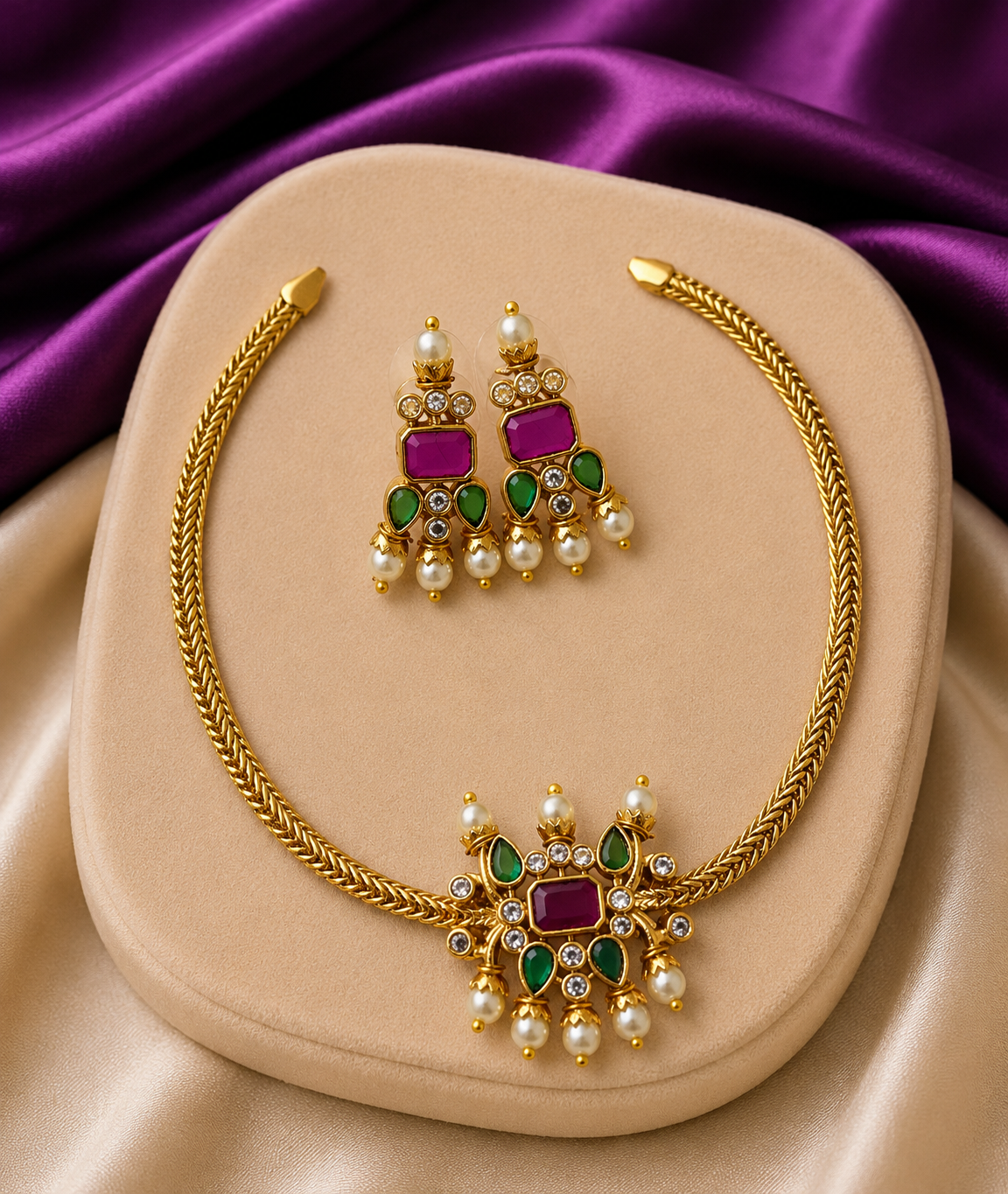 Gold Wheat Chain Ruby Emerald Pearl Necklace & Earring Set
