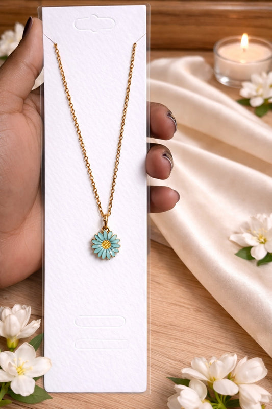 Gold Teal Daisy Enamel Pendant Necklace
