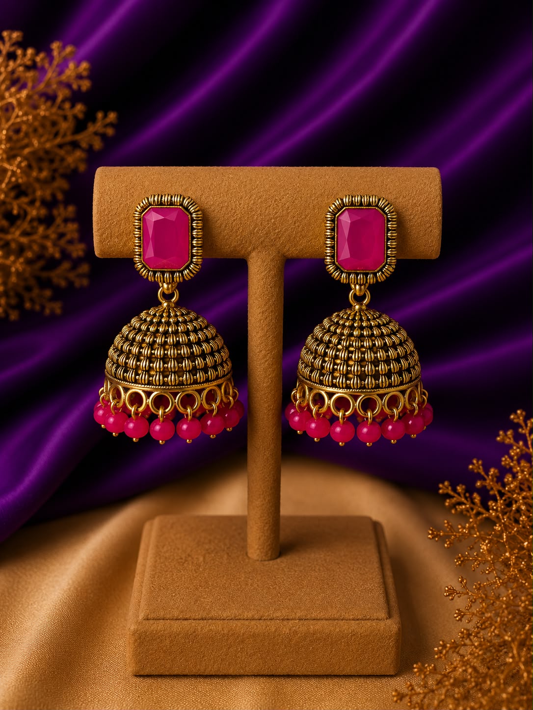 Garnet Stone Wire-Wrap Dome Jhumka Earrings with Bead Drops
