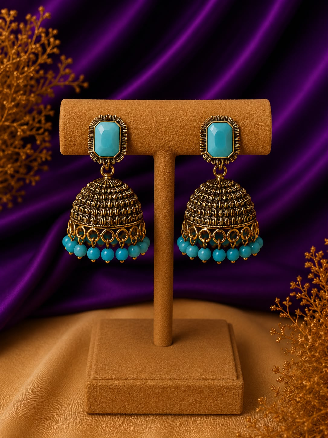 Garnet Stone Wire-Wrap Dome Jhumka Earrings with Bead Drops