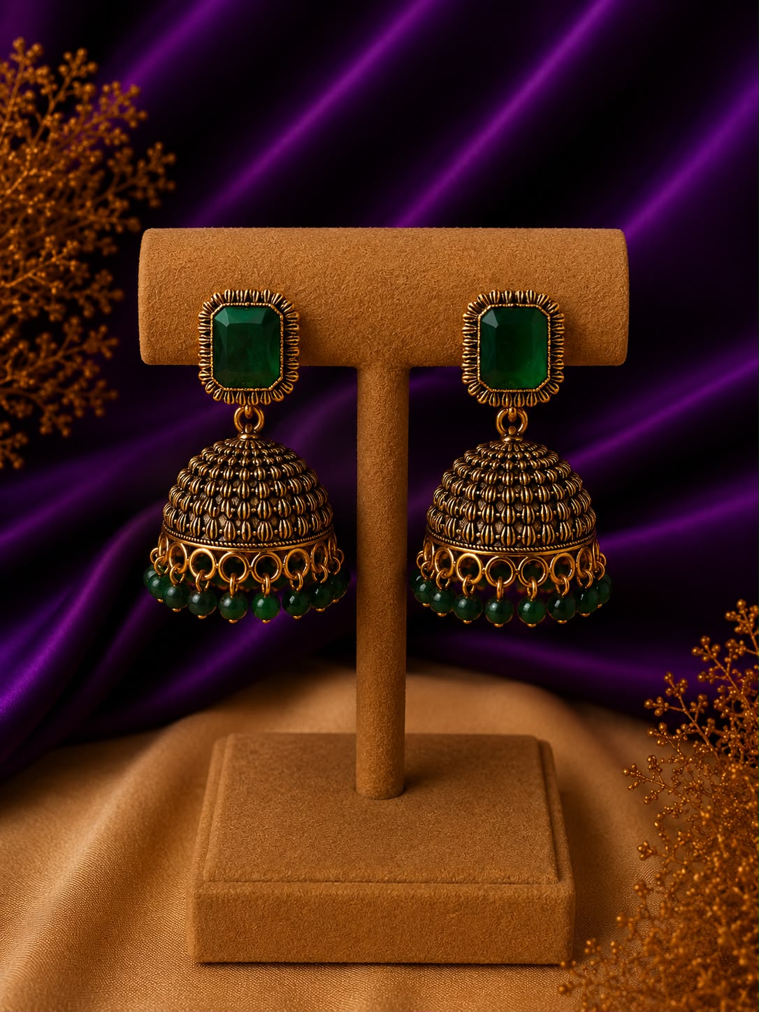 Garnet Stone Wire-Wrap Dome Jhumka Earrings with Bead Drops