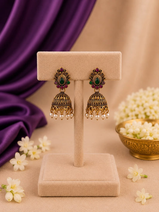 Peacock Fan Jhumka Earrings with Emerald, Amethyst Stones & Pearl Drops