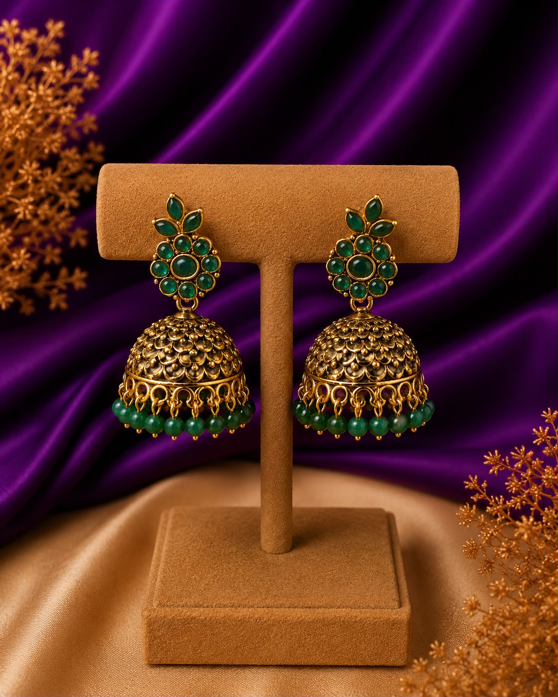 Floral Dome Jhumka Earrings with Bead Drops