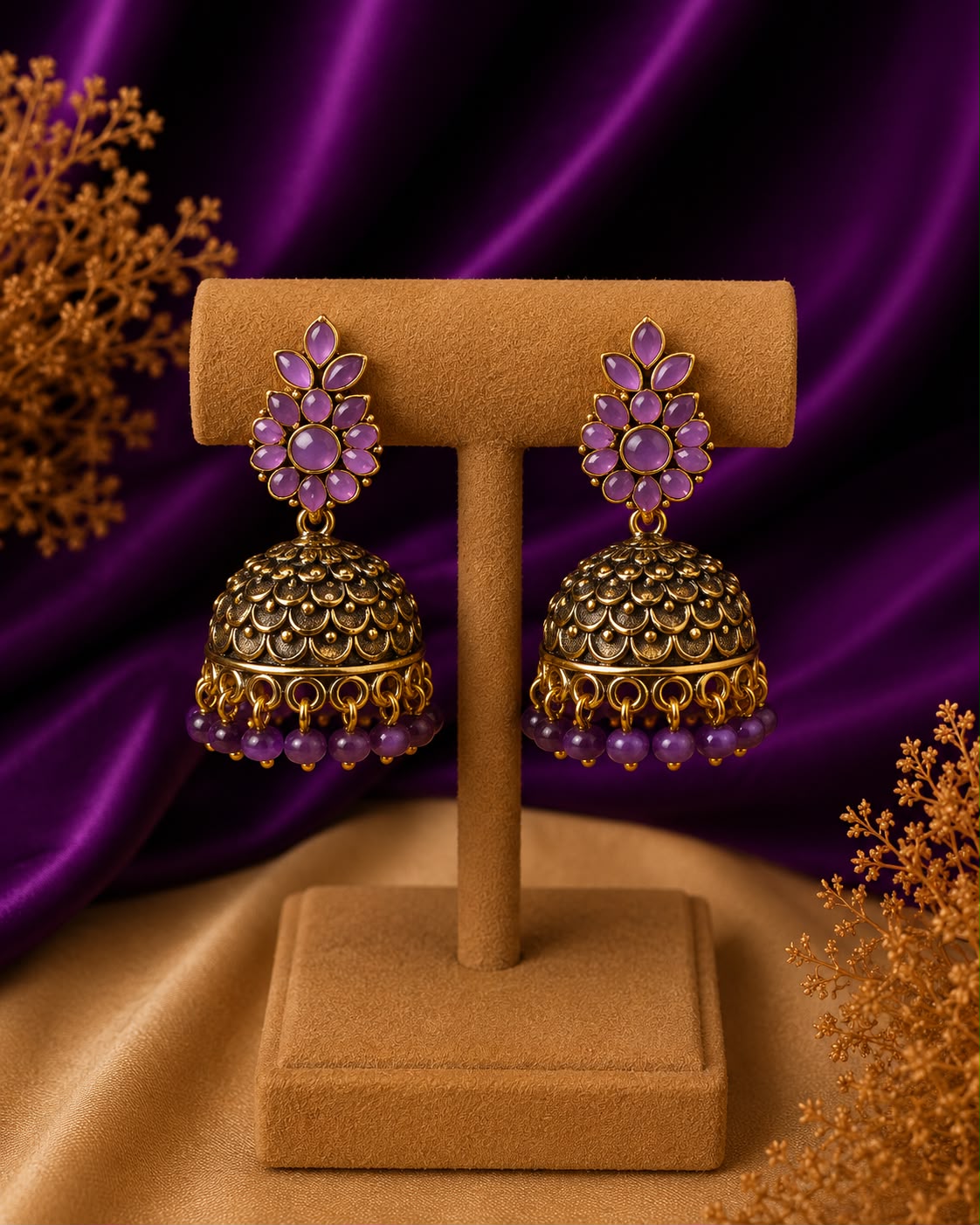 Floral Dome Jhumka Earrings with Bead Drops