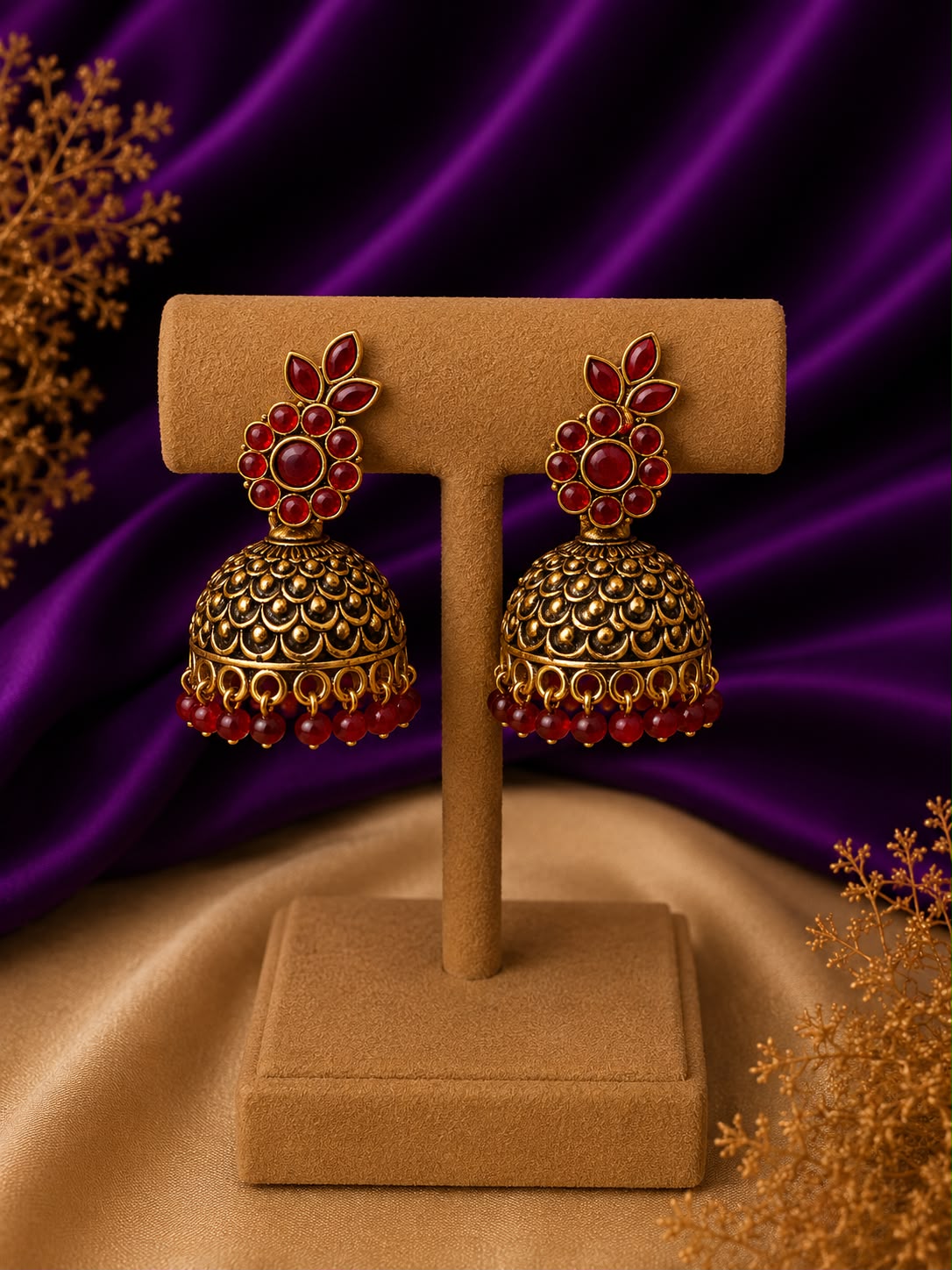 Floral Dome Jhumka Earrings with Bead Drops