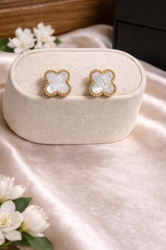 Gold Beaded Clover Mother of Pearl Stud Earrings