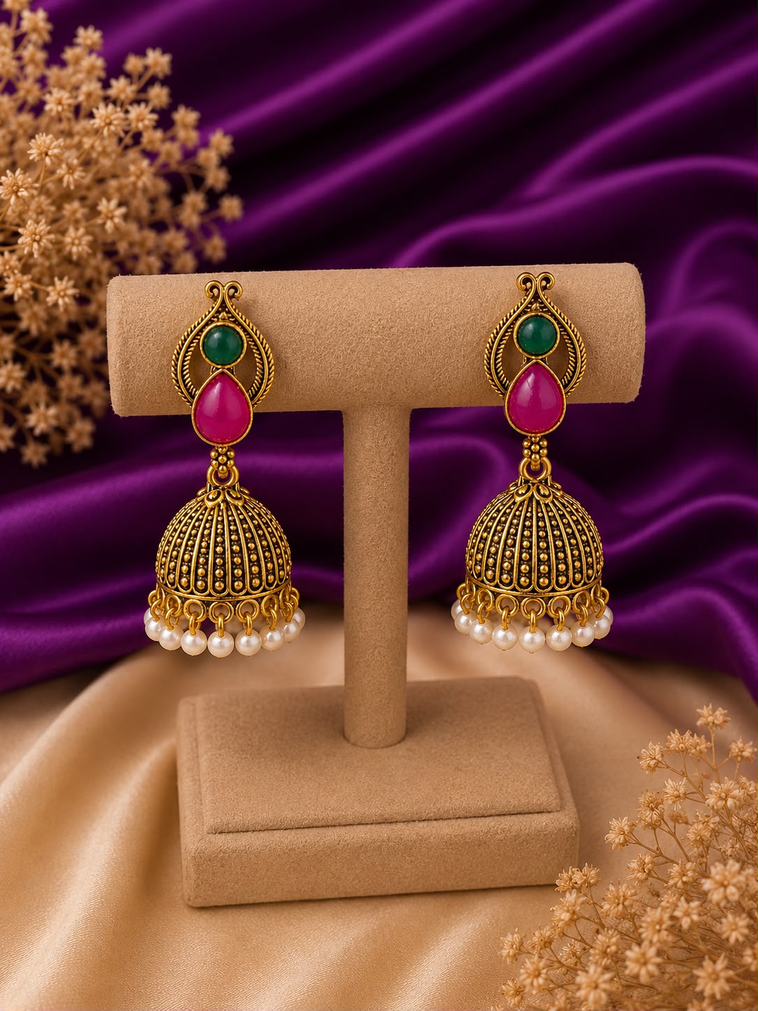 Emerald & Ruby Stone Antique Jhumka Earrings with Pearl Drops
