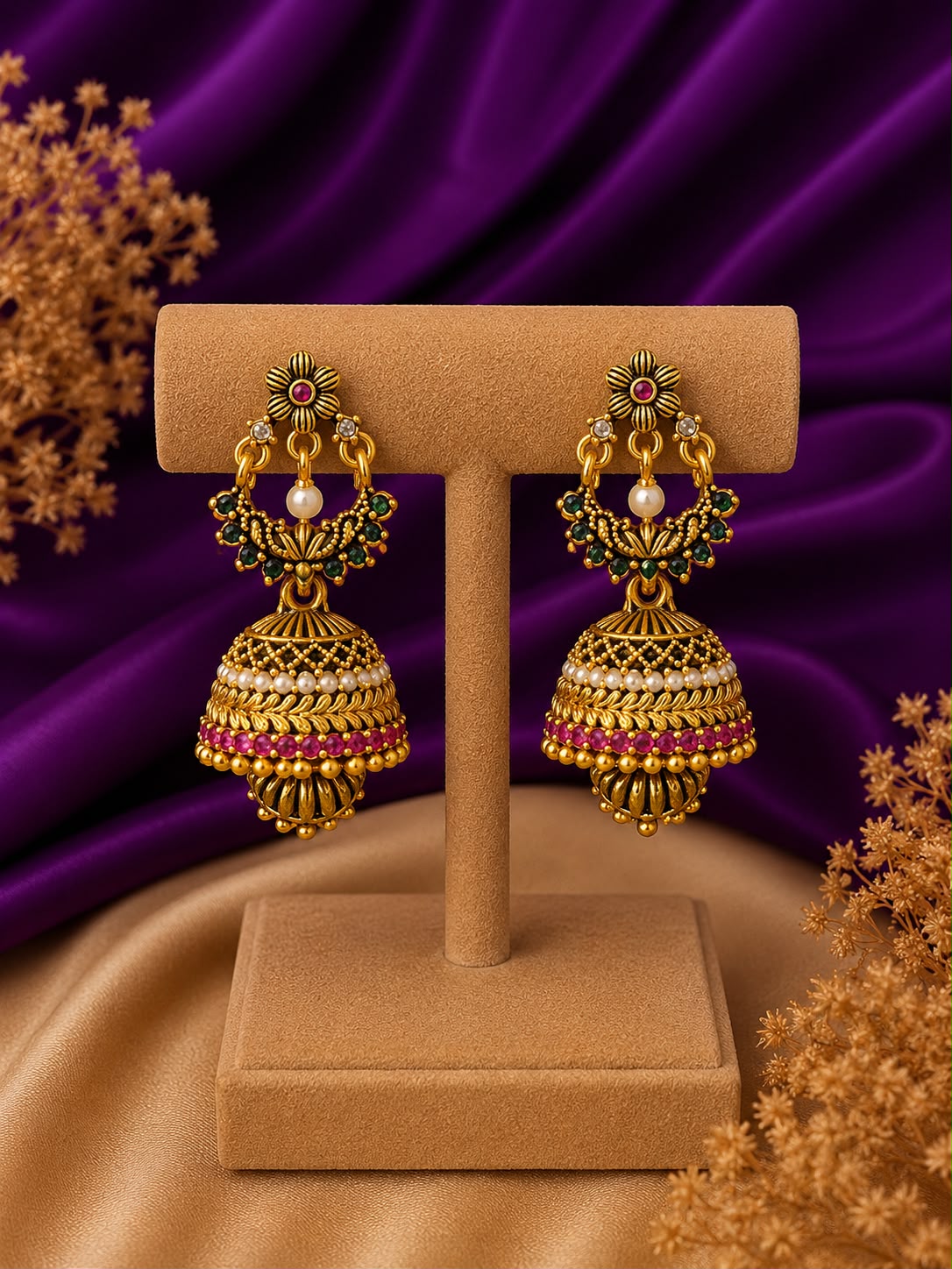Layered Pearl & Ruby Dome Jhumka Earrings with Emerald Connector