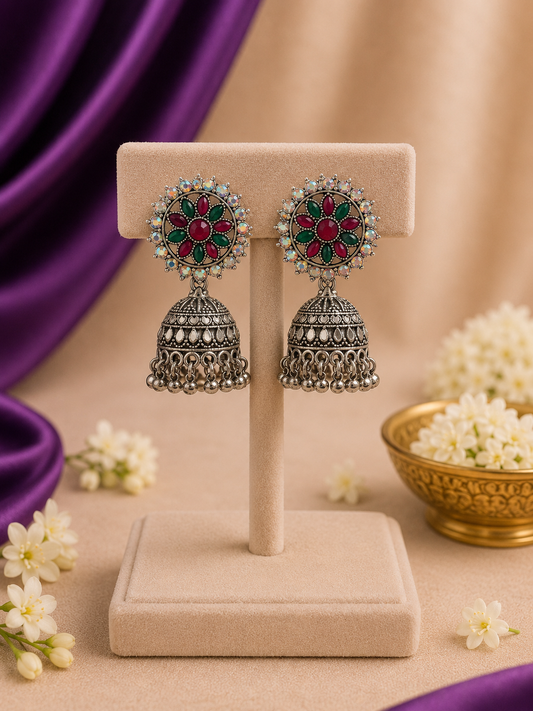 Oxidised Silver Floral Jhumka Earrings with Ruby & Emerald Stones