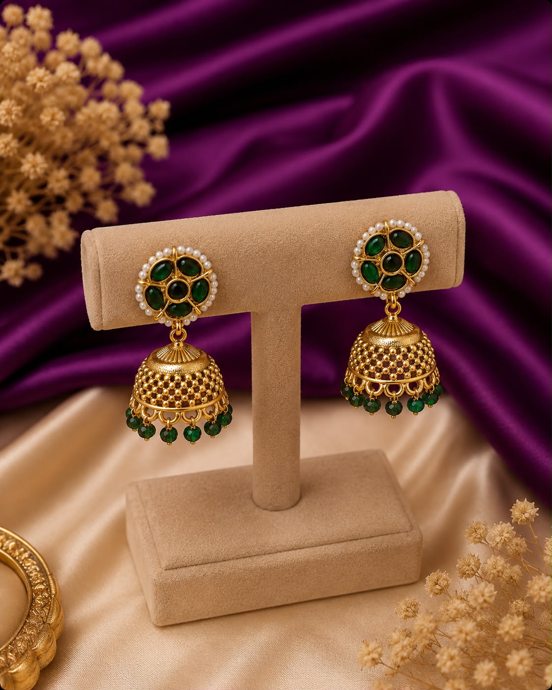 Emerald Green Pearl Jhumka Earrings