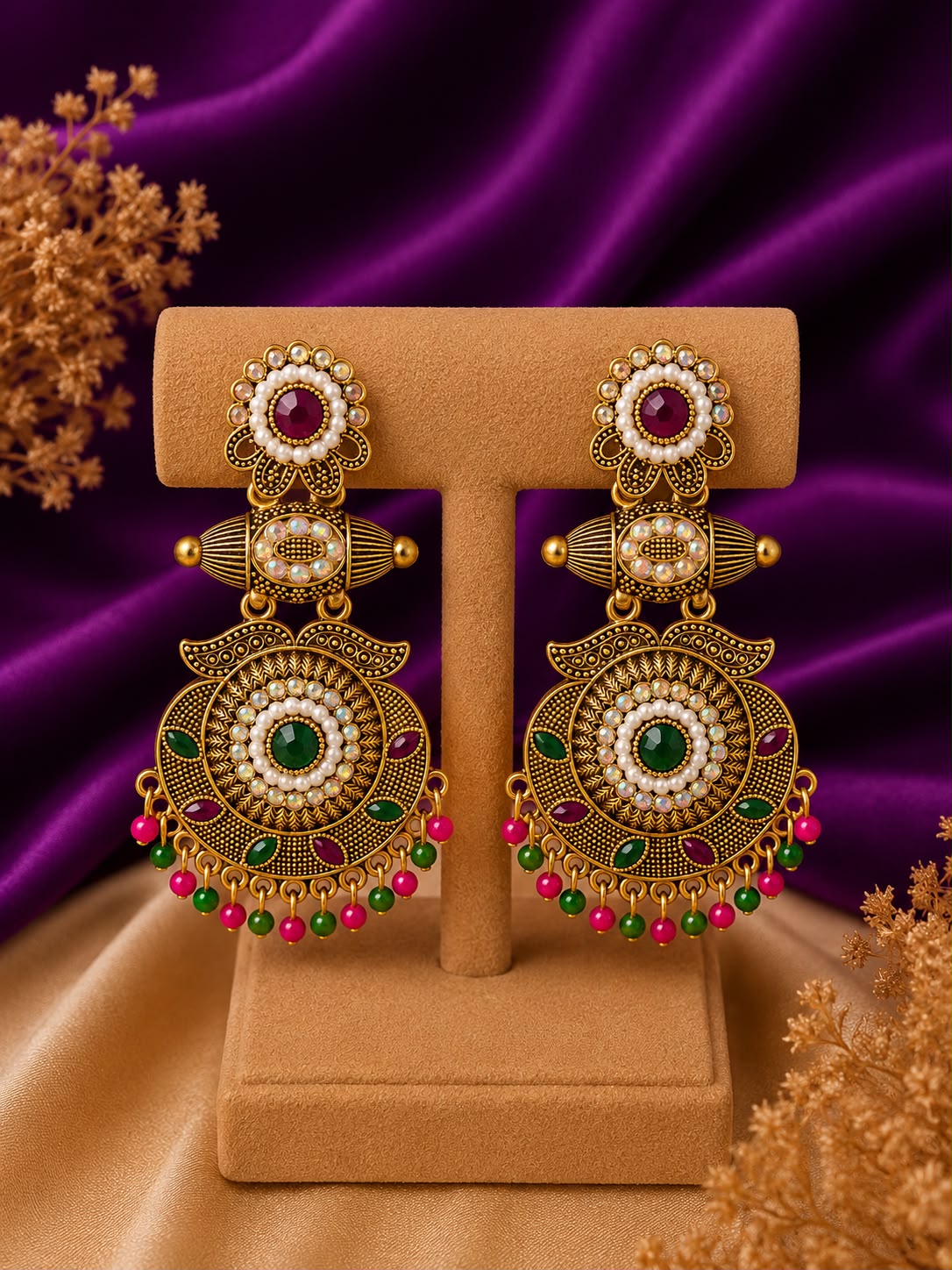 Antique Gold Chandbali Drop Earrings with Ruby, Emerald & Bead Fringe