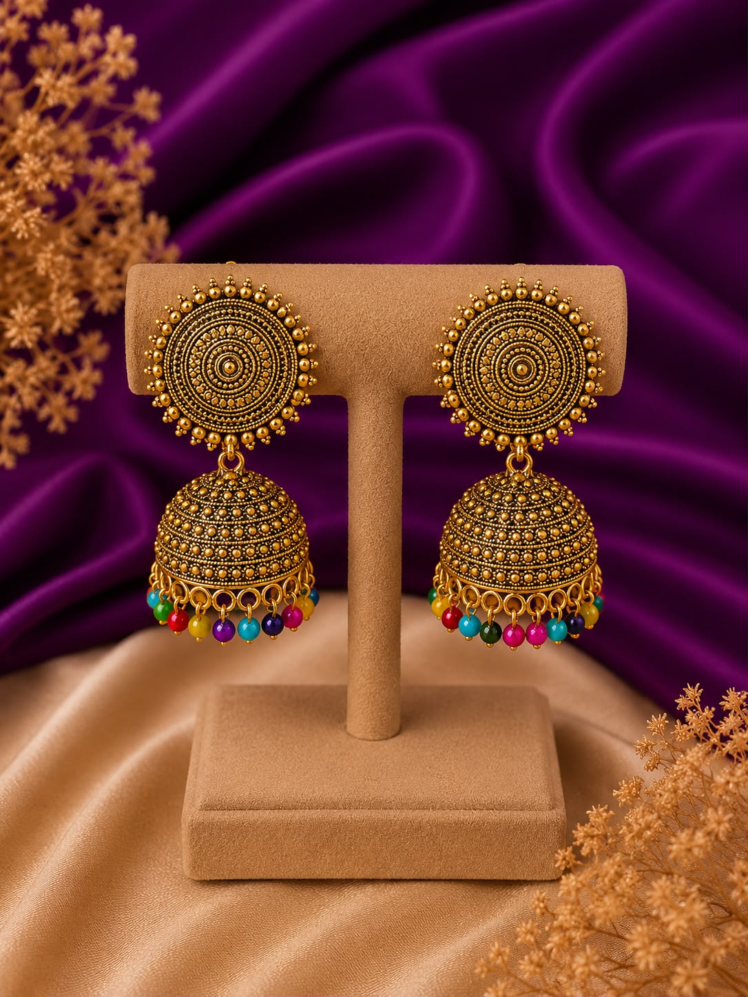 Oxidised Gold Disc Stud Jhumka Earrings with Multi-Colour Bead Drops