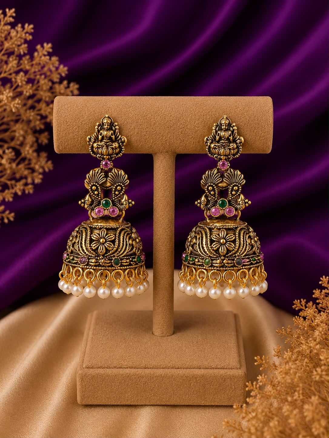 Lakshmi Temple Jhumka Earrings with Emerald, Pink Stones & Pearl Drops