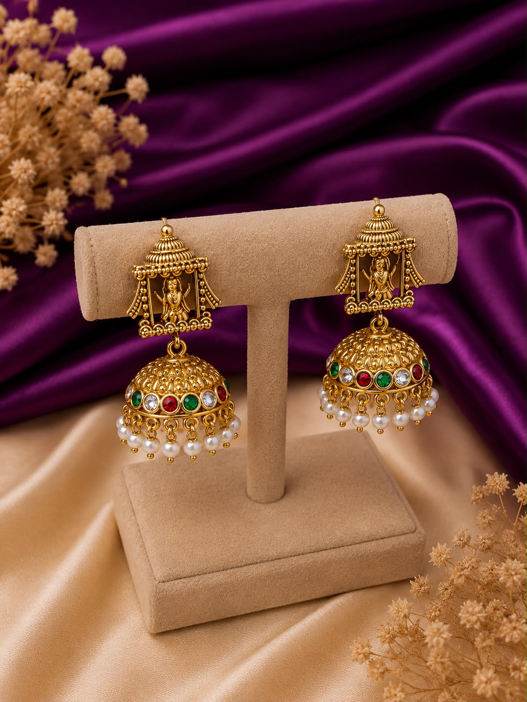 Krishna Swing Temple Jhumka Earrings with Pearl Drops