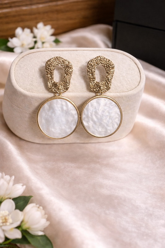 Gold Textured Link & Mother of Pearl Disc Drop Earrings