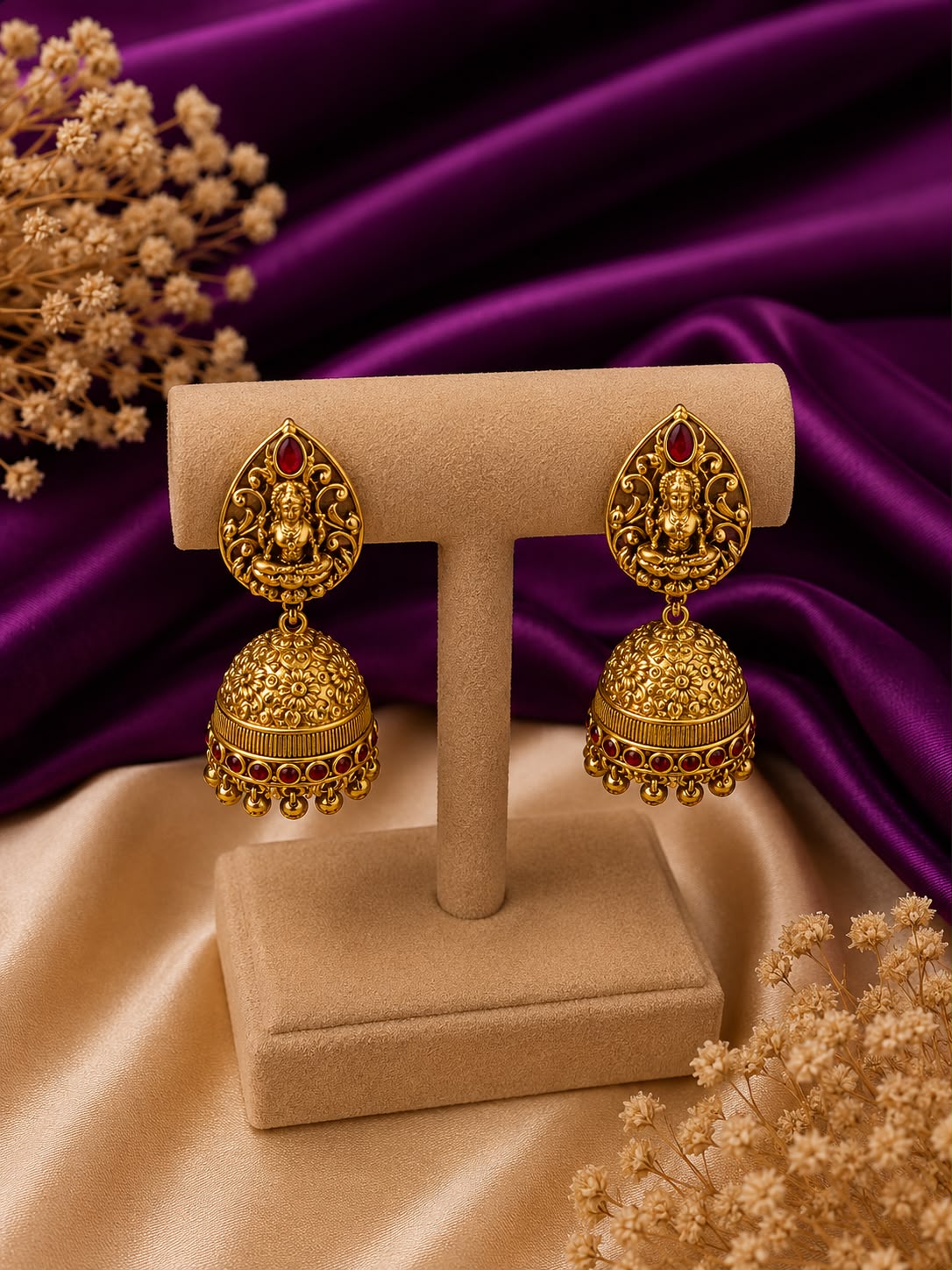 Lakshmi Temple Jhumka Earrings with Ruby Stones