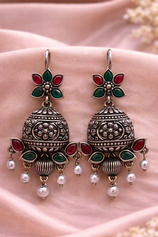 Navratna Silver Drops Earrings