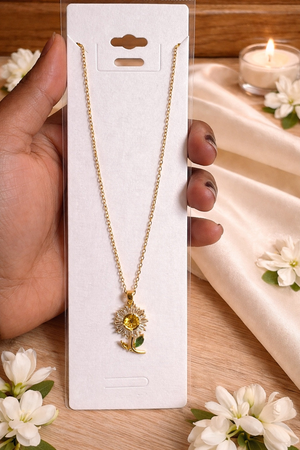 Gold Crystal Sunflower Pendant Necklace