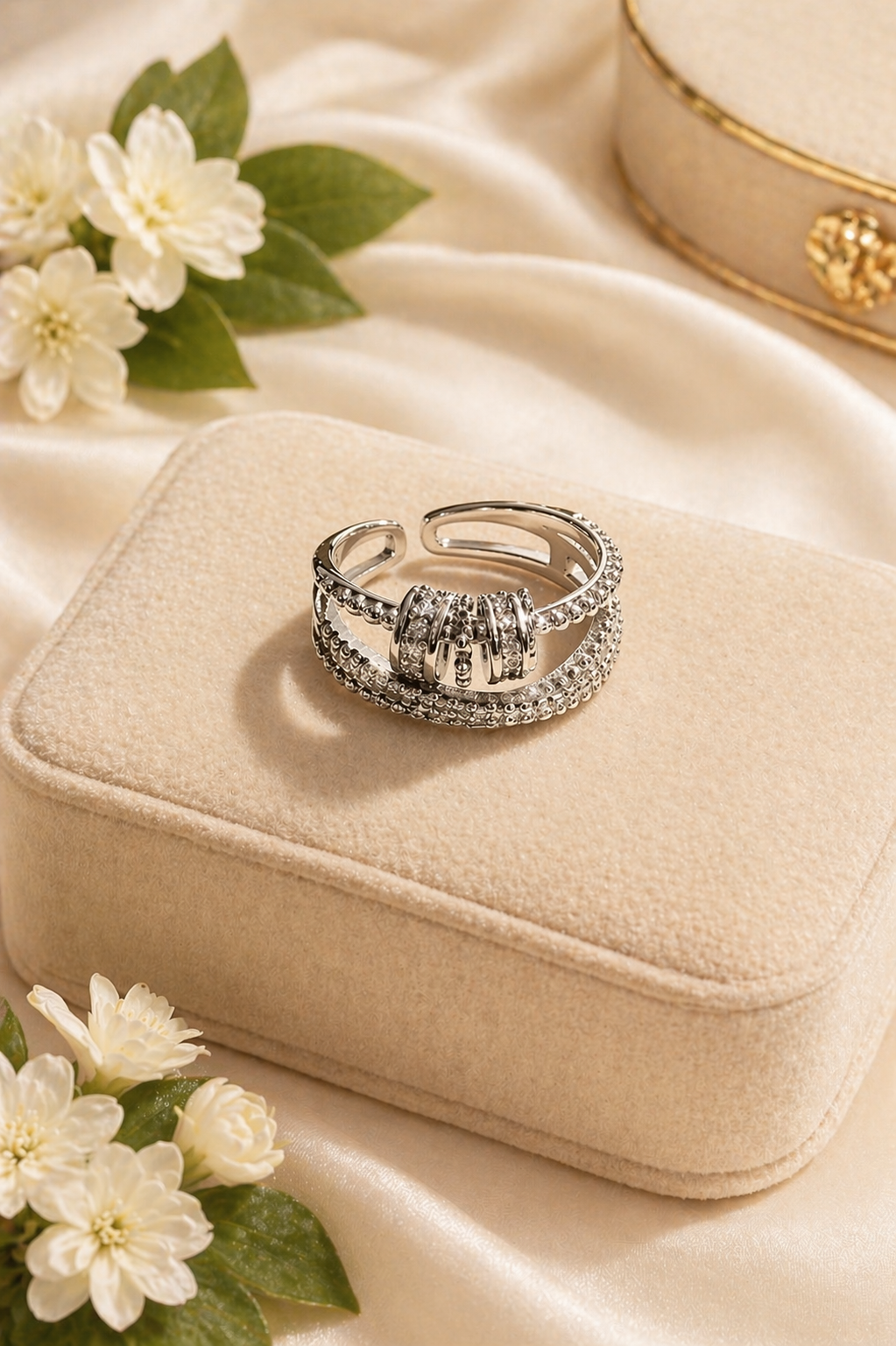 Silver Crystal Pavé Multi-Band Adjustable Ring