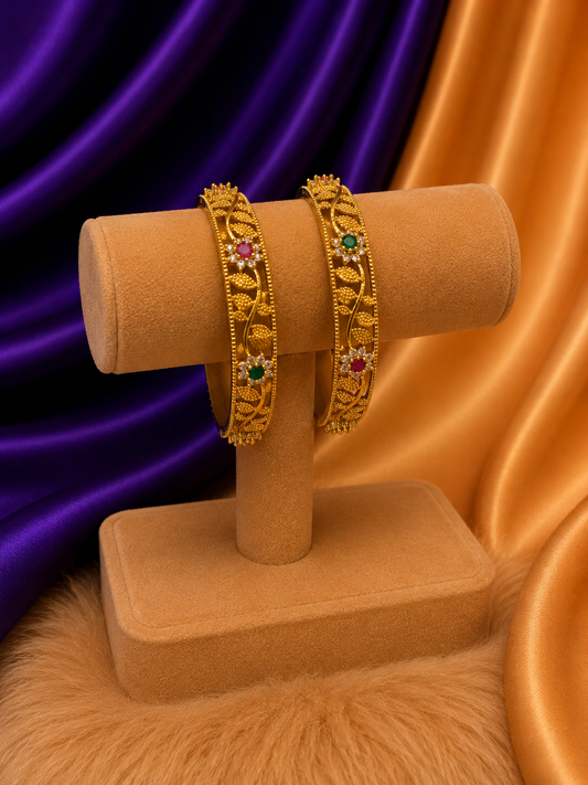 Gold Leaf Bangle Set with Multicolour Stones (Set of 2)