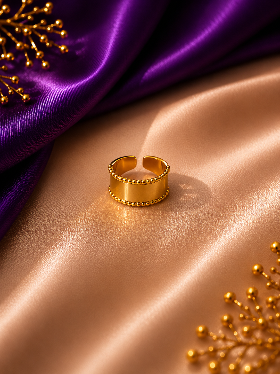 Adjustable Gold Beaded Band Ring | Anti-Tarnish 18K Gold-Plated Open Band