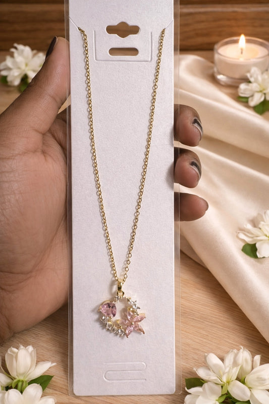 Gold Pink Crystal Star & Heart Cluster Necklace