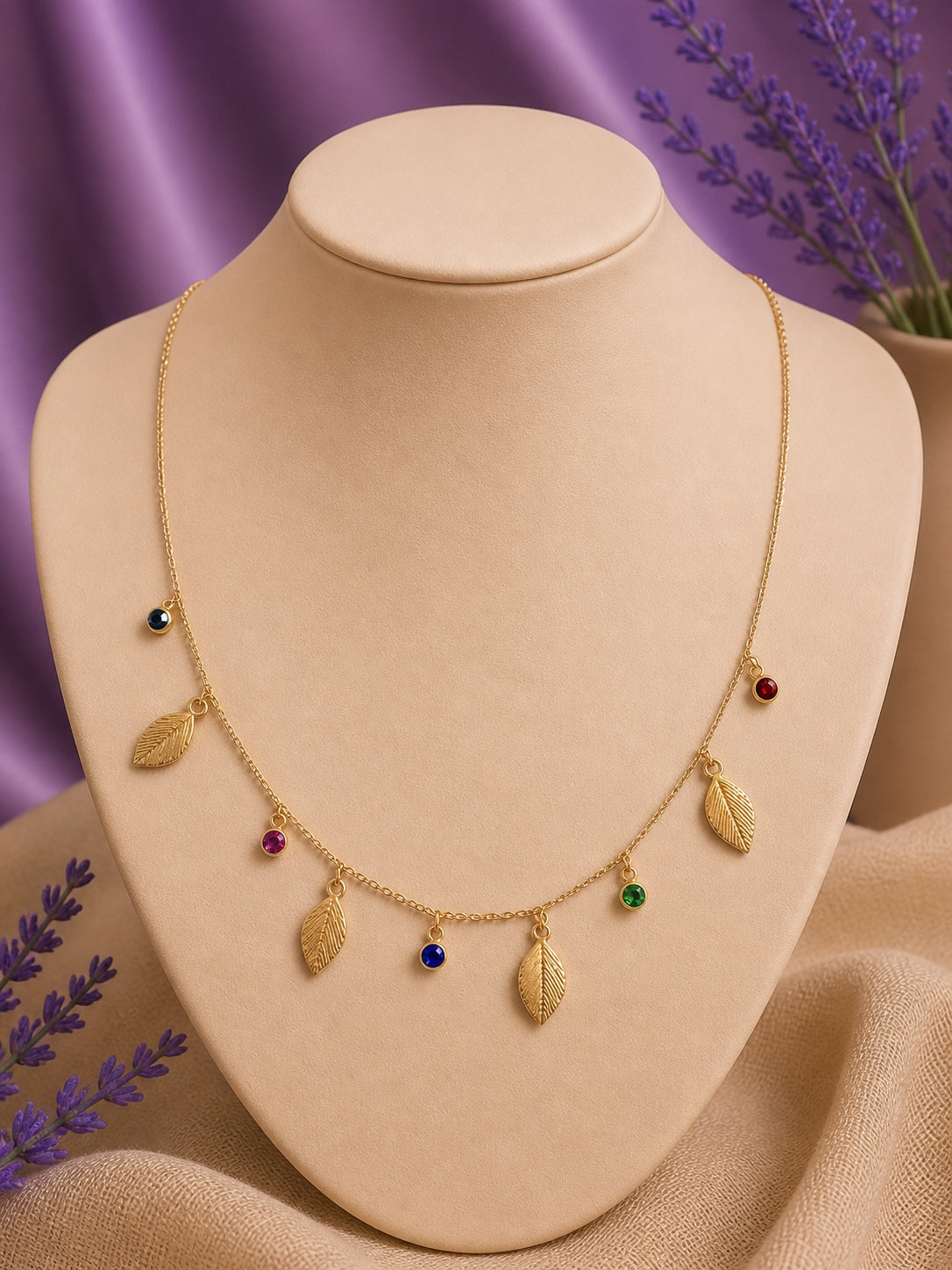Gold Leaf Charm Necklace with Multicolour Gemstones