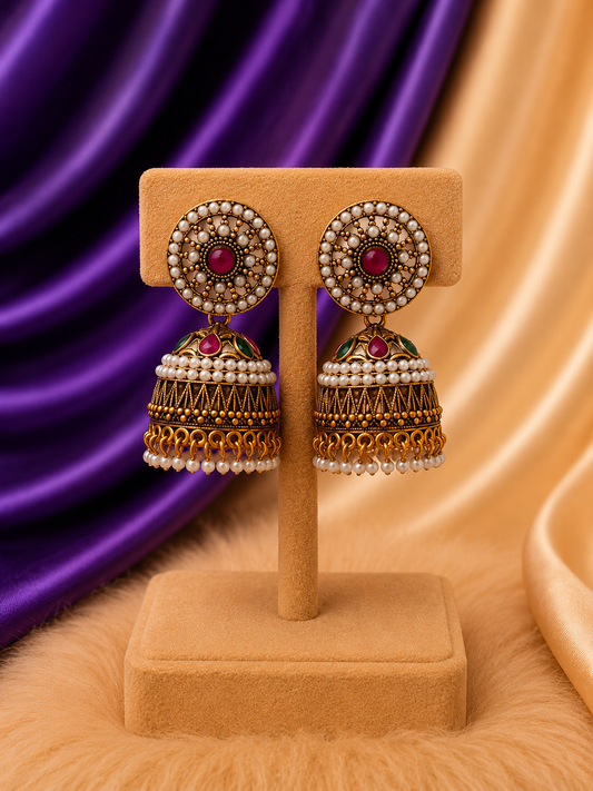 Antique Gold Pearl Jhumka Earrings with Ruby & Emerald Stones