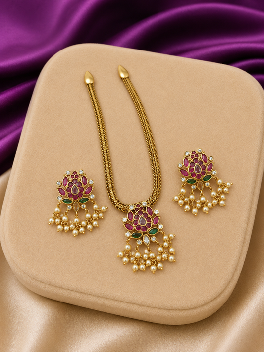 Gold Lotus Pendant Ruby Emerald Pearl Necklace & Earring Set