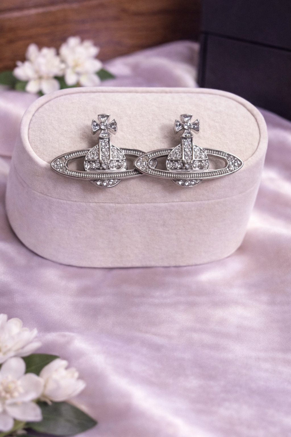 Silver Crystal Orb Saturn Stud Earrings