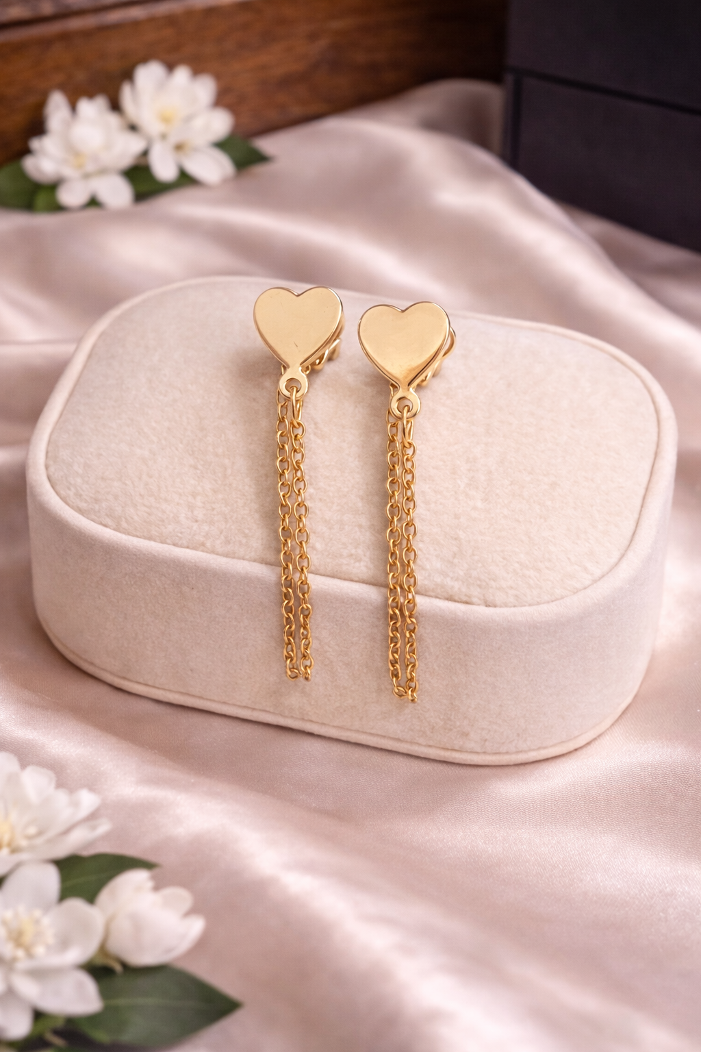 Gold Heart Tassel Drop Earrings