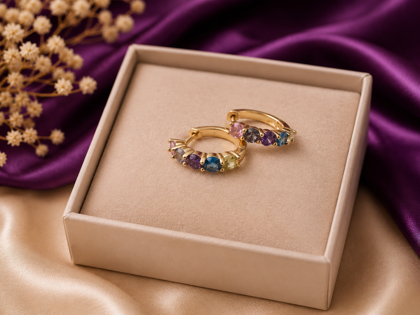 Rainbow Gemstone Huggie Hoop Earrings