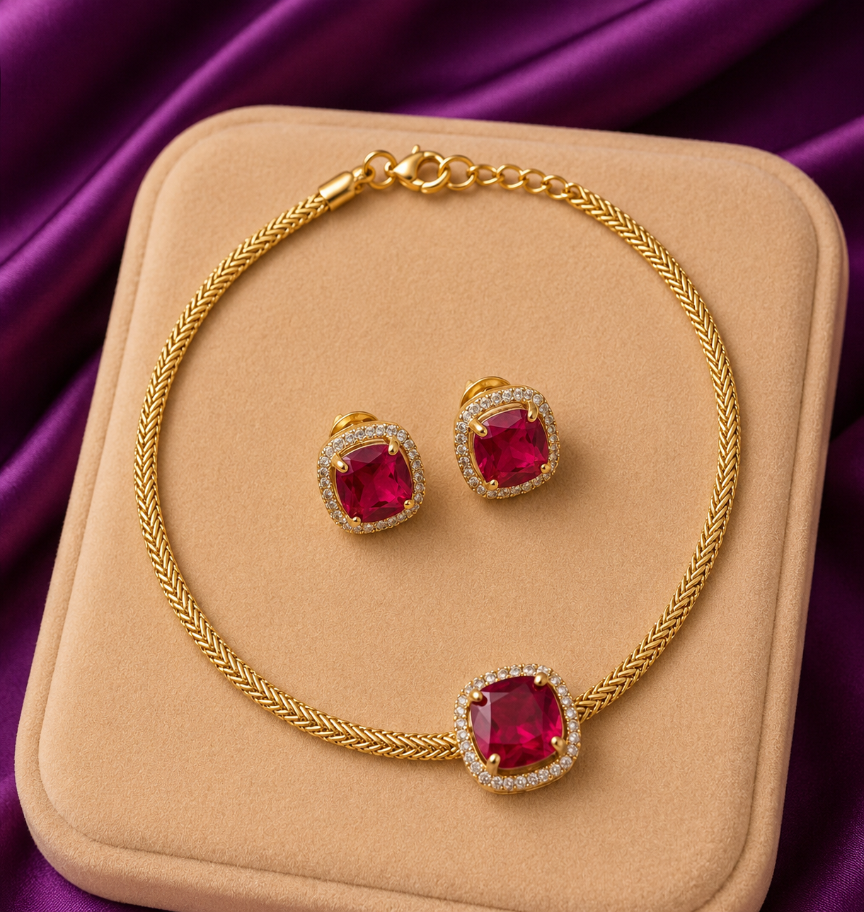 Gold Cushion Halo Solitaire Necklace & Earring Set