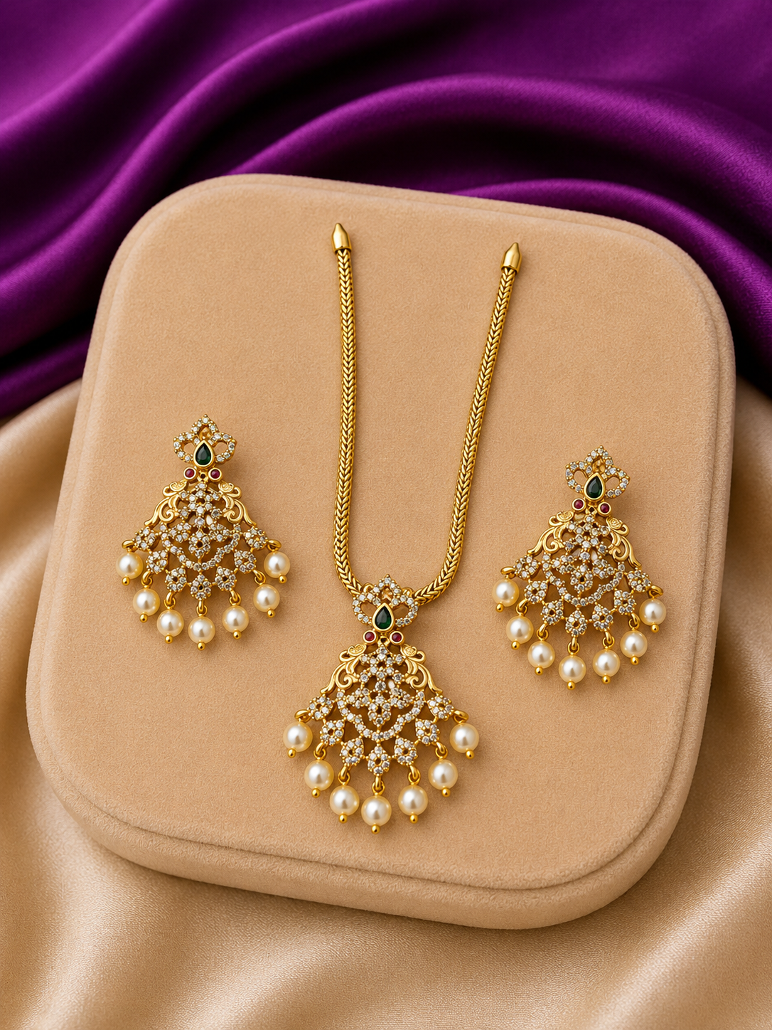 Gold Fan Pendant CZ Pearl Necklace & Earring Set