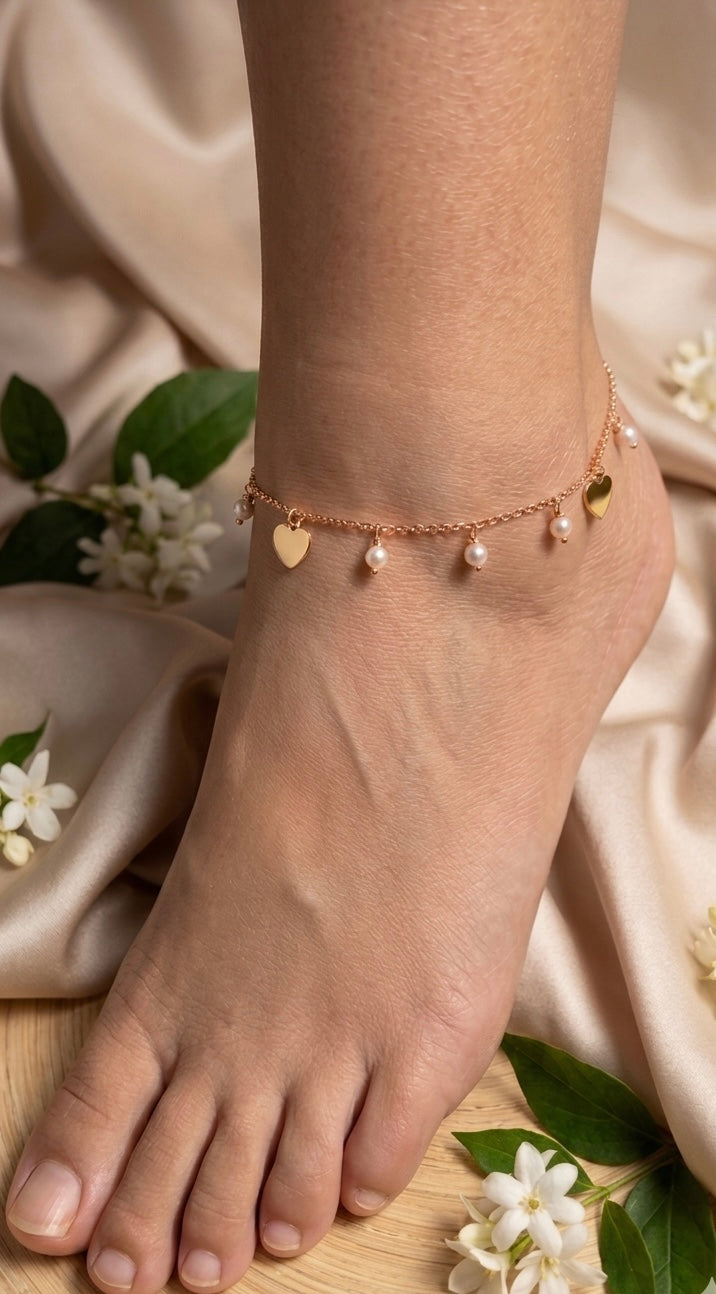 Gold Heart & Pearl Dangle Anklet