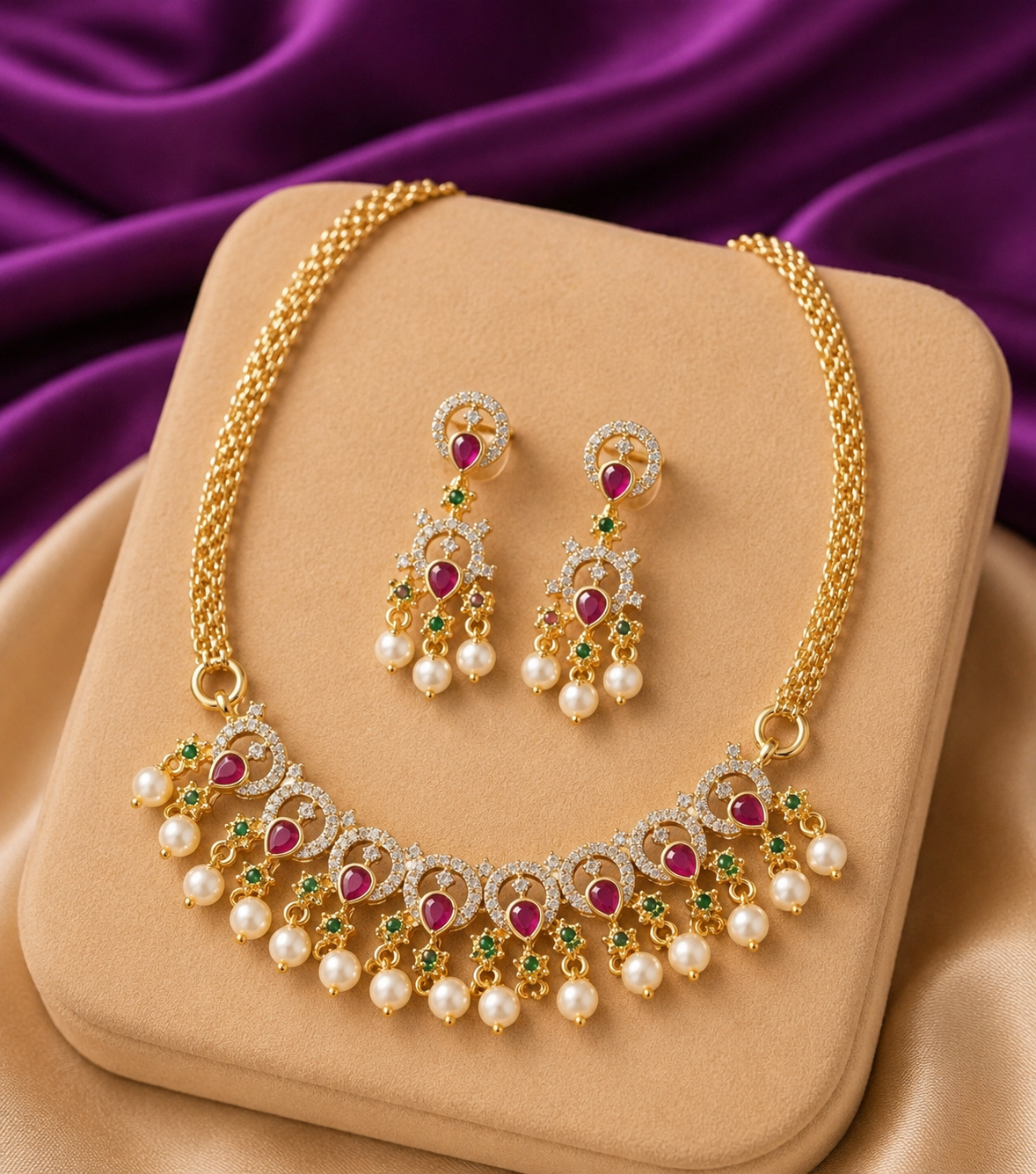 Gold Ruby Emerald Pearl Drop Chandelier Necklace & Earring Set