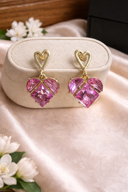 Gold Open Heart & Pink Crystal Cluster Drop Earrings