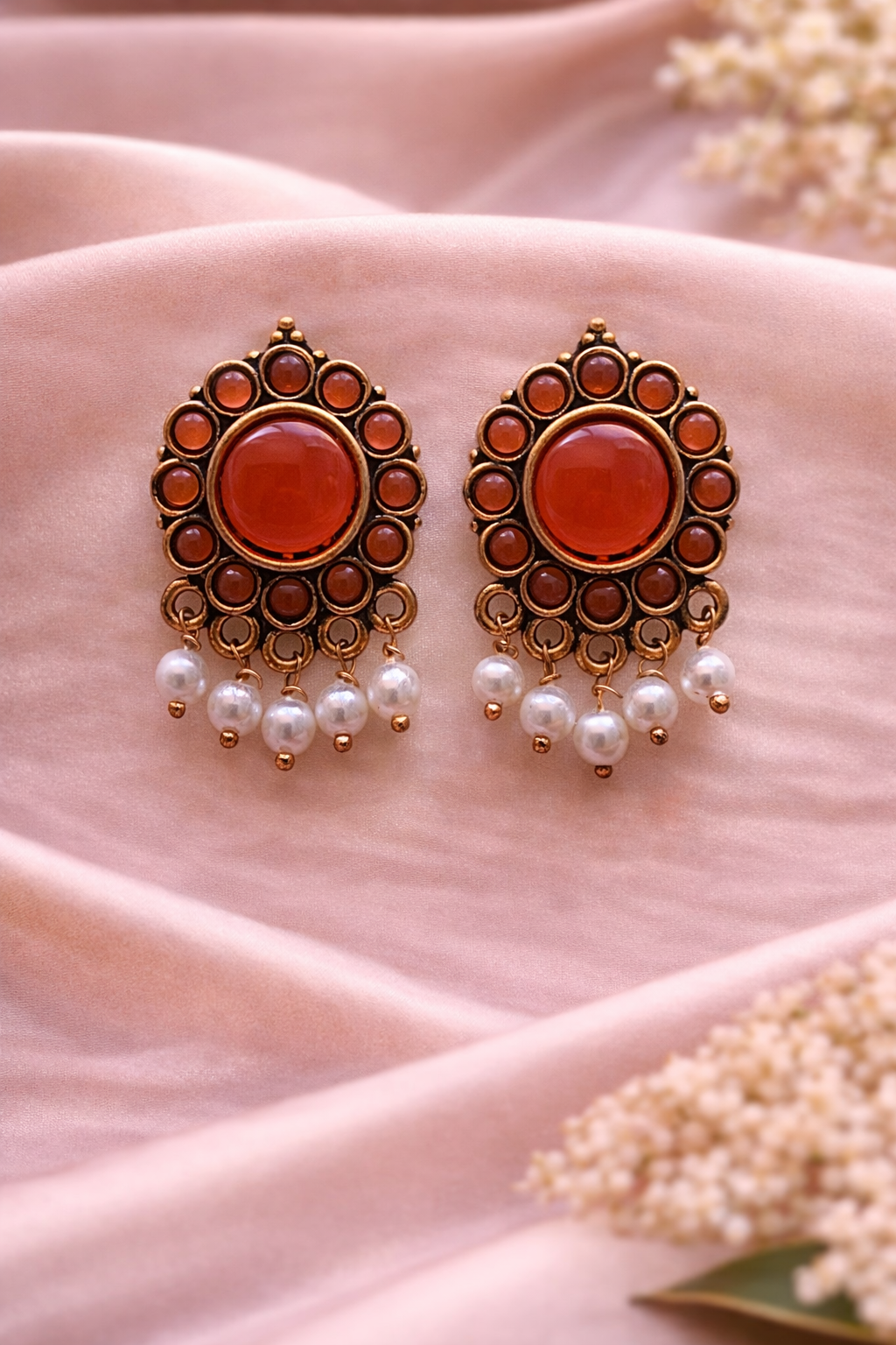 Amber Pearl Stud Drops Earrings